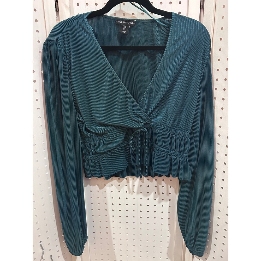 SINCERELY JULES Teal Ribbed‎ Drawstring Ruched V Neck Long Sleeve Crop Top L